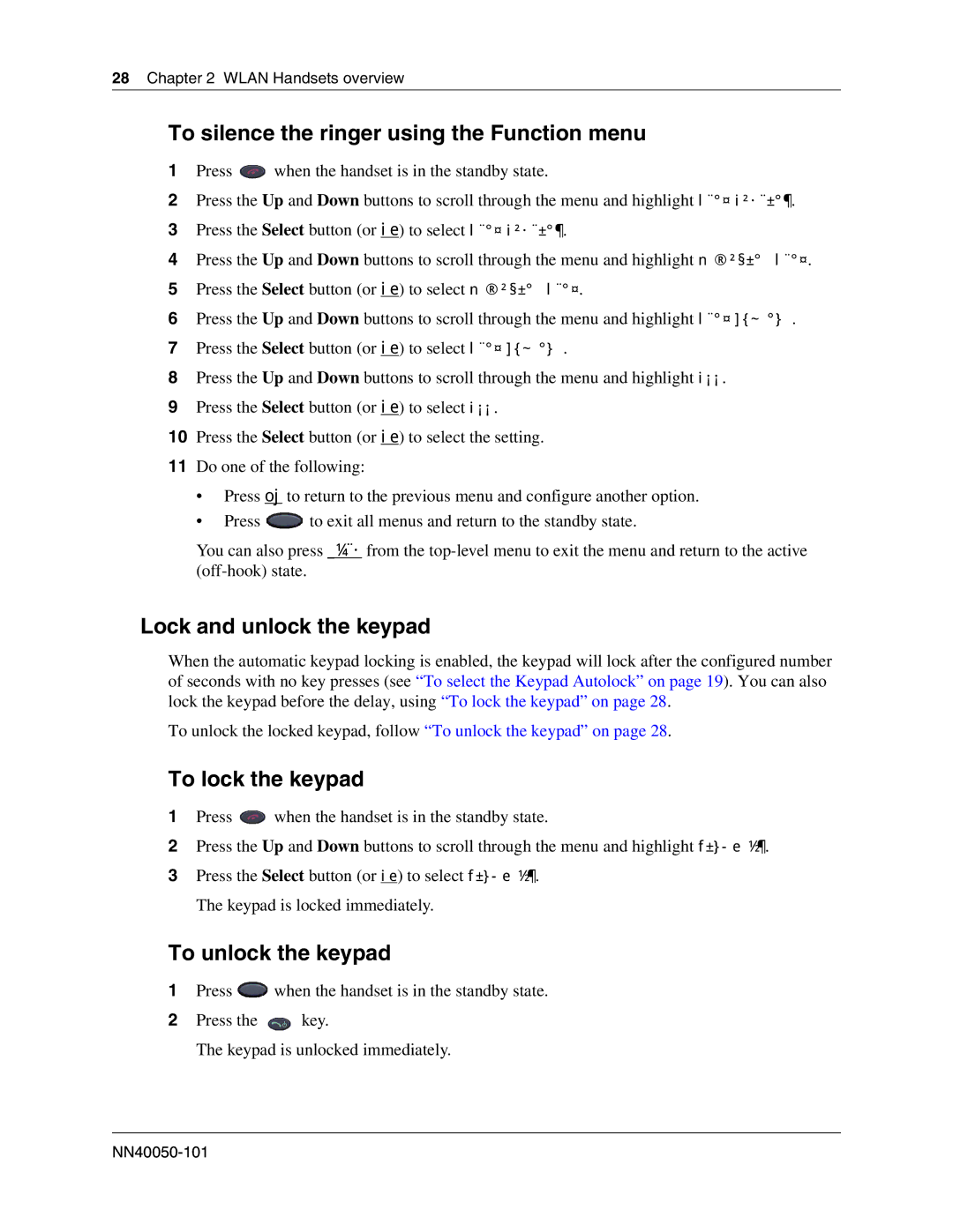 Nortel Networks 2211, 2212 To silence the ringer using the Function menu, Lock and unlock the keypad, To lock the keypad 