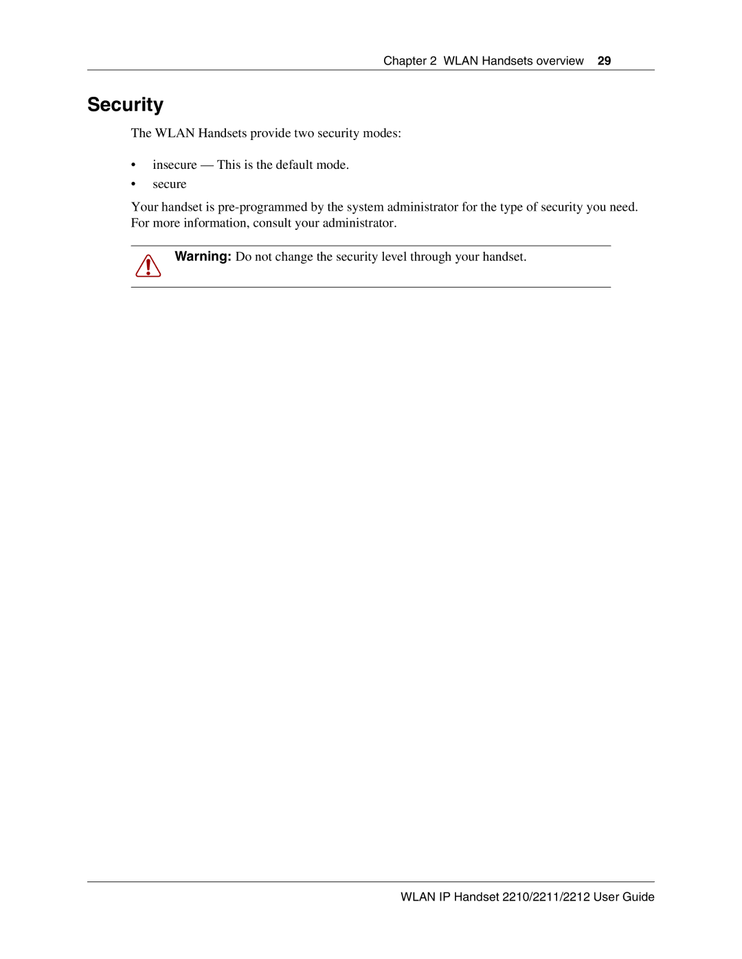 Nortel Networks 2210, 2212, 2211 manual Security 