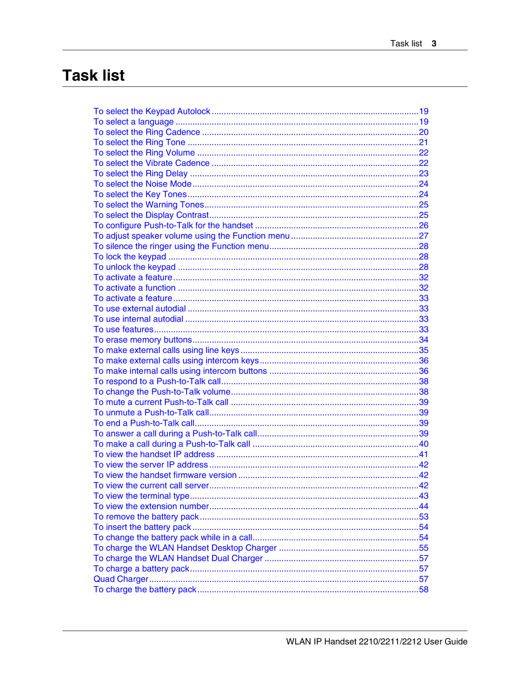 Nortel Networks manual Task list, Wlan IP Handset 2210/2211/2212 User Guide 