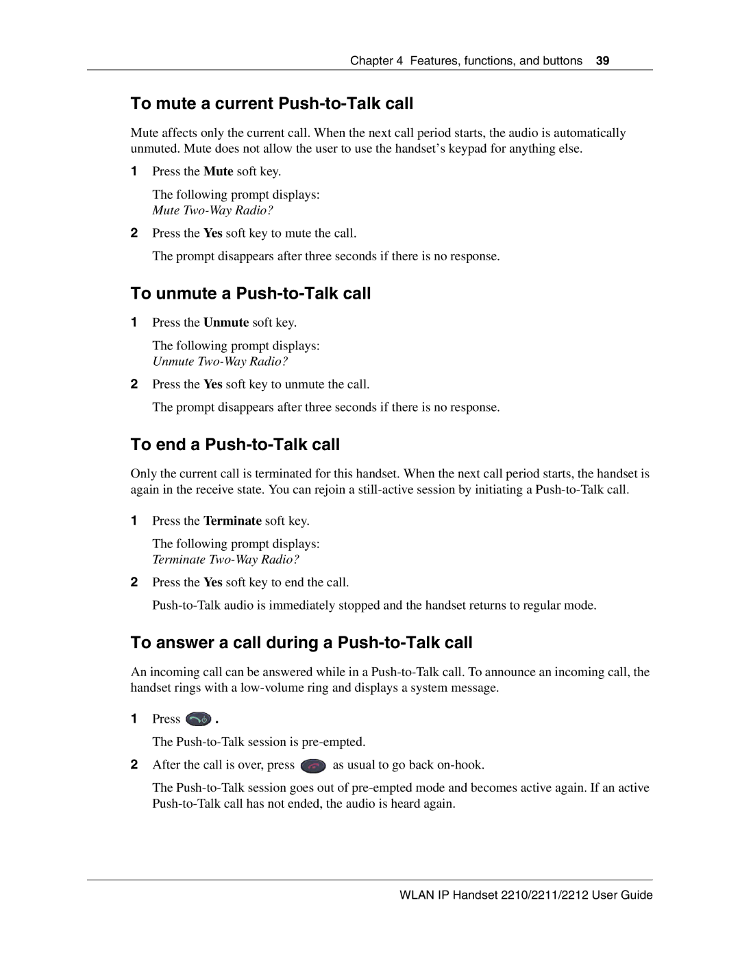 Nortel Networks 2212, 2211 To mute a current Push-to-Talk call, To unmute a Push-to-Talk call, To end a Push-to-Talk call 