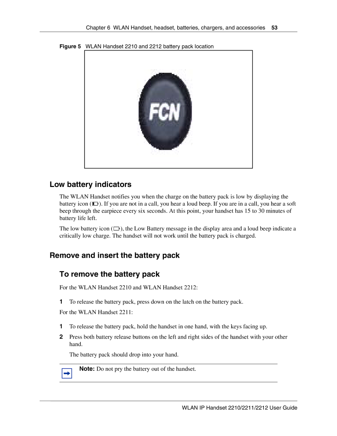 Nortel Networks 2211 manual Low battery indicators, Wlan Handset 2210 and 2212 battery pack location 