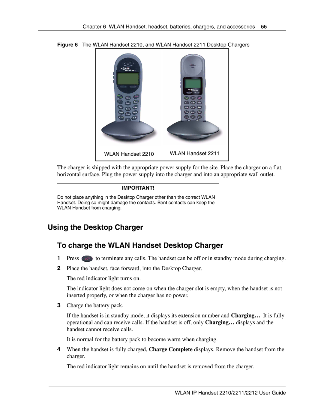 Nortel Networks 2212 manual Wlan Handset 2210, and Wlan Handset 2211 Desktop Chargers 