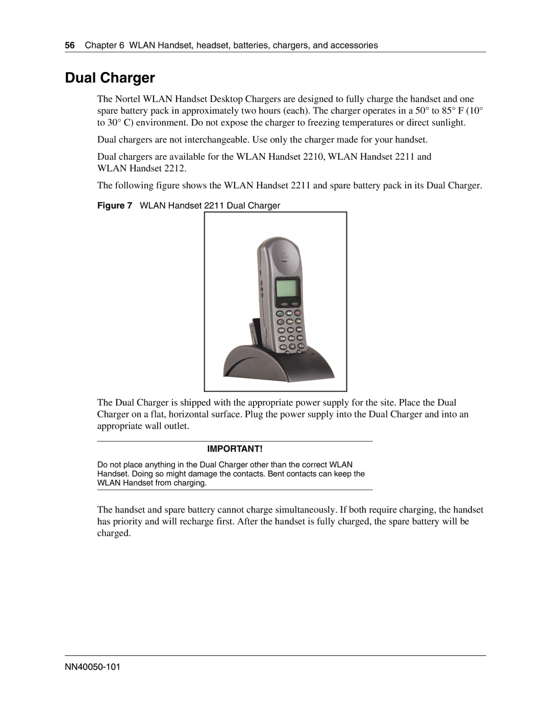 Nortel Networks 2210, 2212 manual Wlan Handset 2211 Dual Charger 