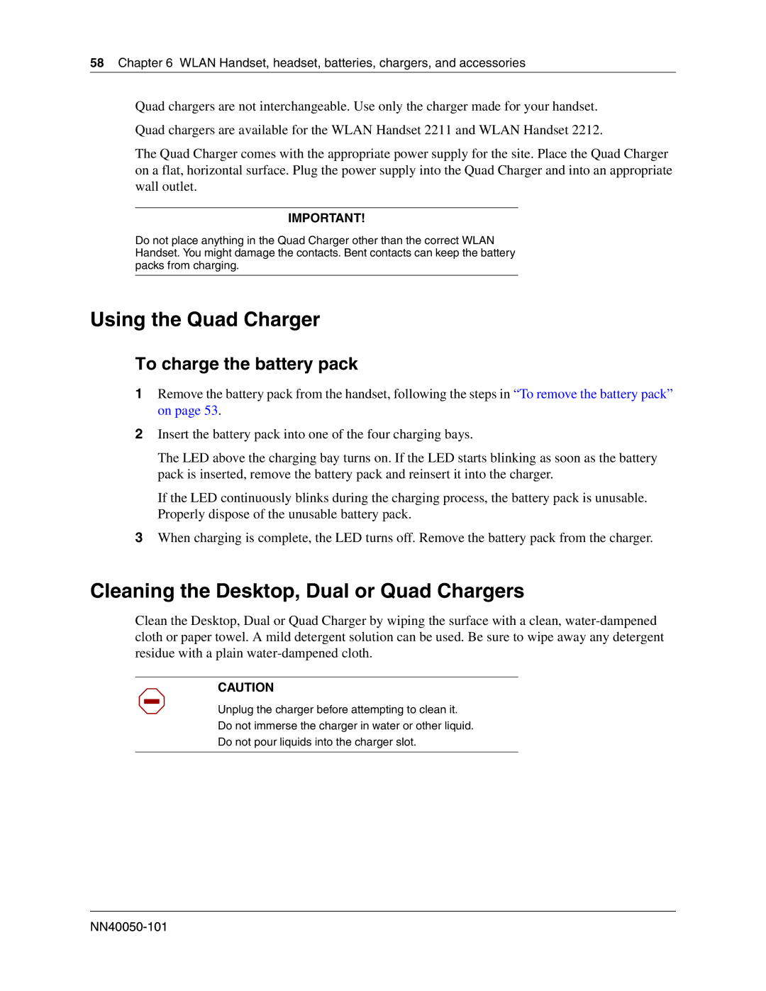 Nortel Networks 2211, 2212 Using the Quad Charger, Cleaning the Desktop, Dual or Quad Chargers, To charge the battery pack 