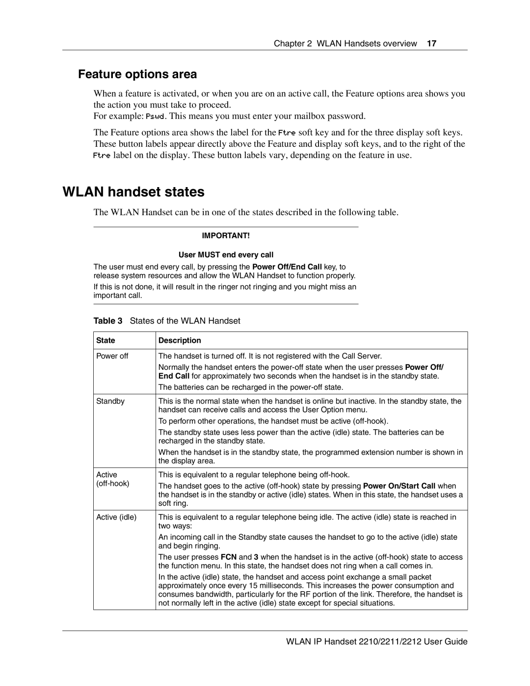 Nortel Networks 2211, 2212 manual Wlan handset states, Feature options area 