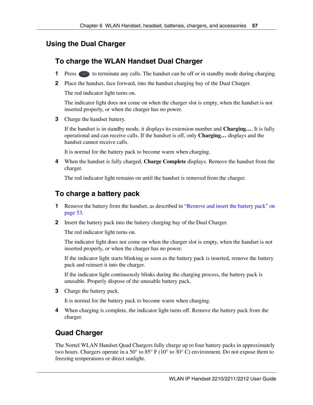 Nortel Networks 2211, 2212 manual To charge a battery pack, Quad Charger 