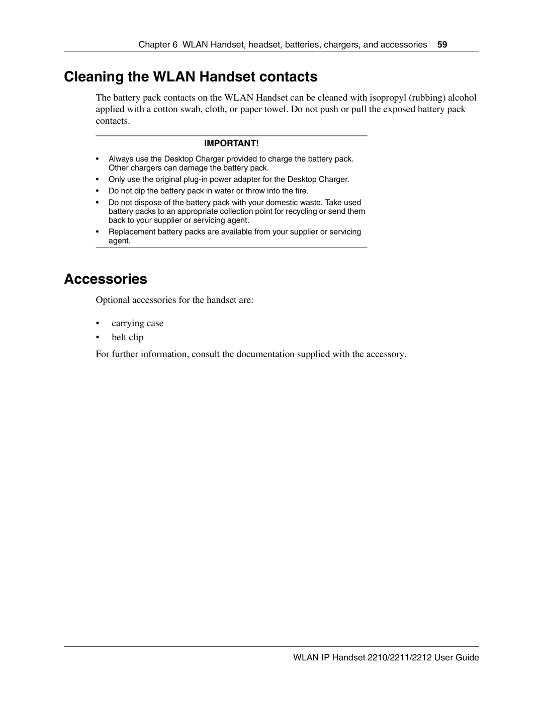 Nortel Networks 2211, 2212 manual Cleaning the Wlan Handset contacts, Accessories 