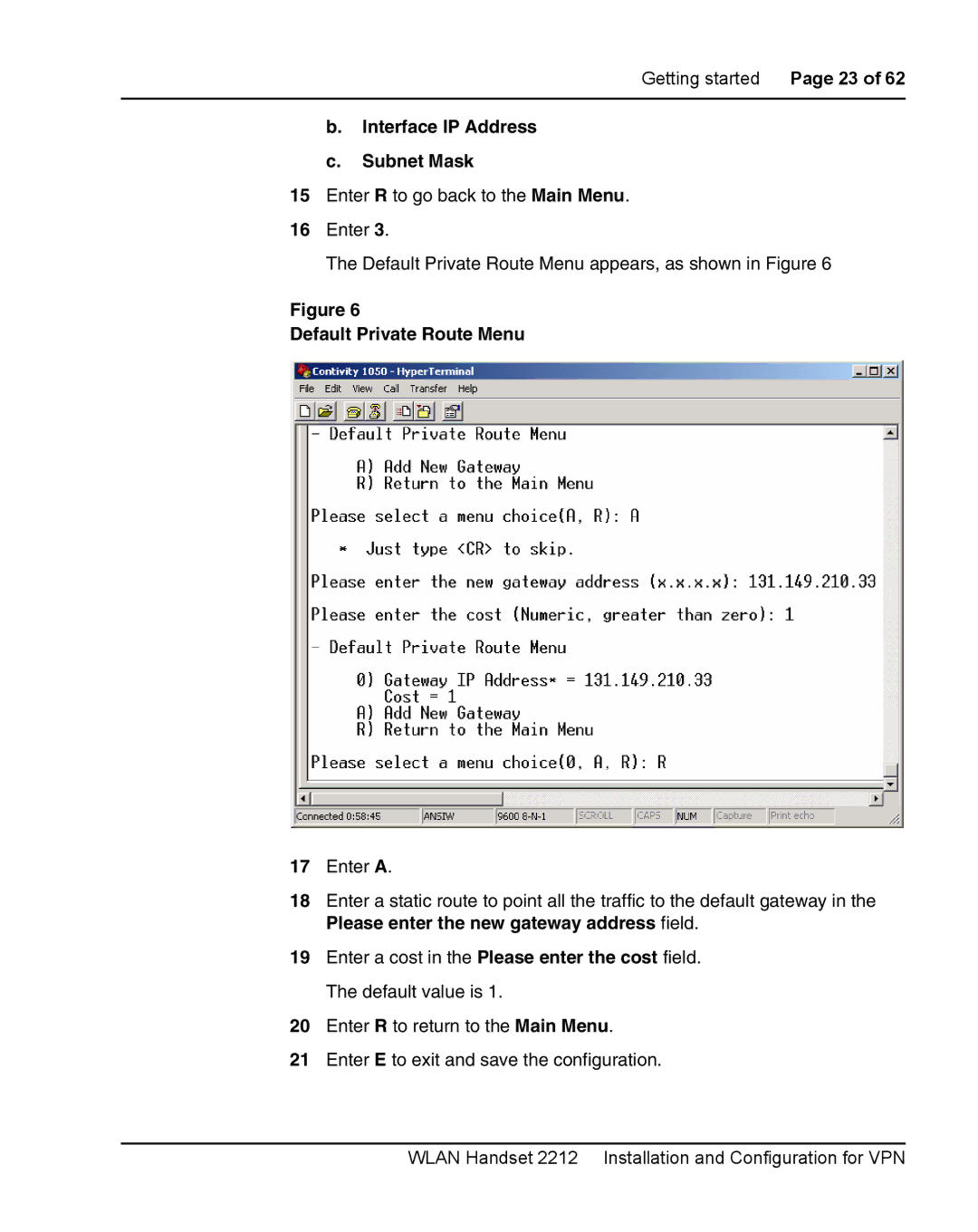 Nortel Networks 2212 manual Interface IP Address Subnet Mask, Default Private Route Menu 