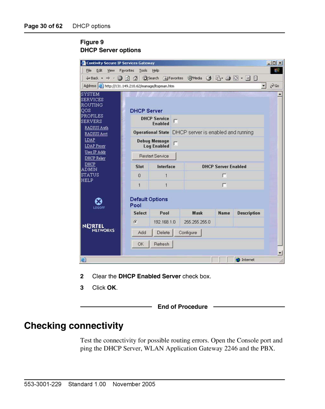 Nortel Networks 2212 manual Checking connectivity, End of Procedure 