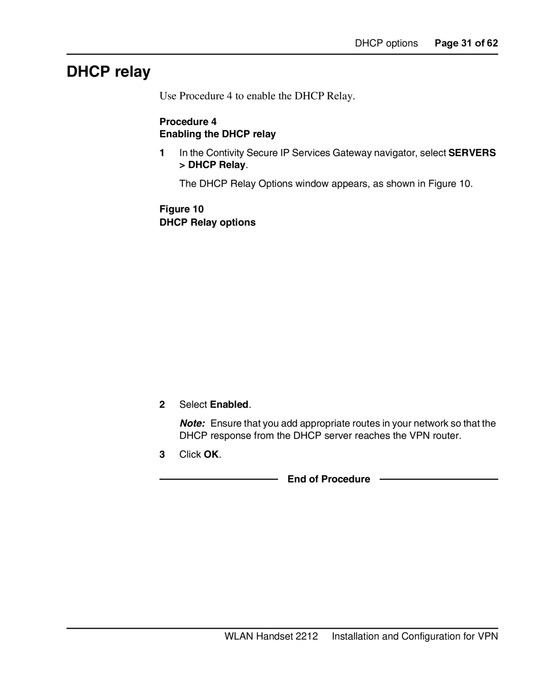 Nortel Networks 2212 Use Procedure 4 to enable the Dhcp Relay, Procedure Enabling the Dhcp relay, Dhcp Relay options 