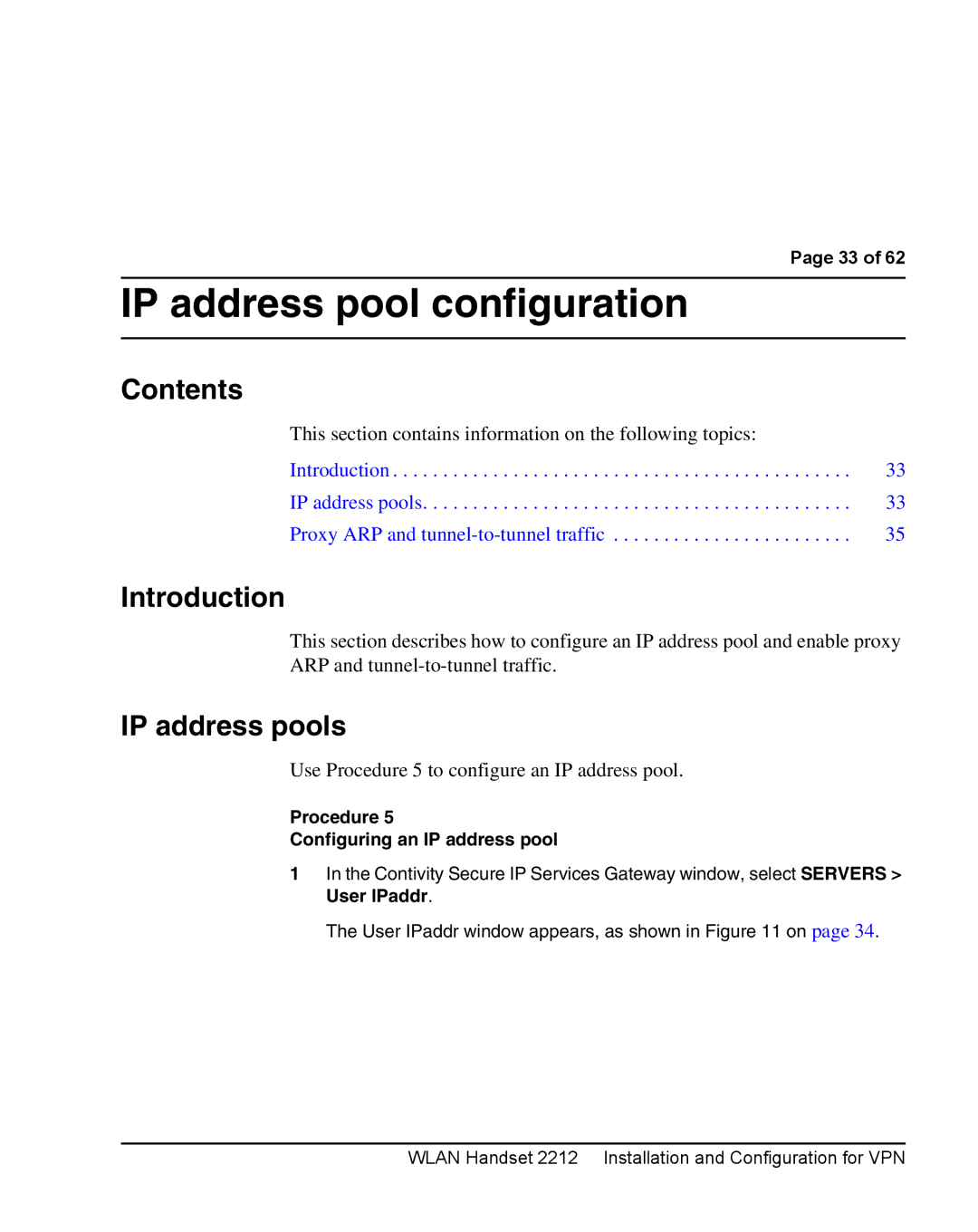 Nortel Networks 2212 IP address pool configuration, IP address pools, Use Procedure 5 to configure an IP address pool 