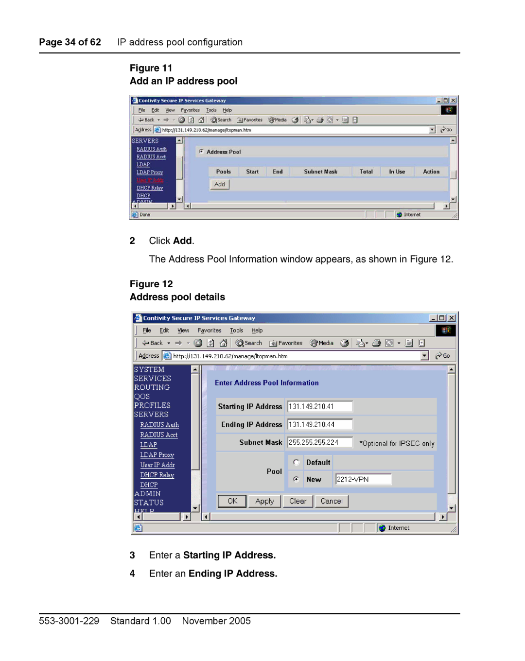 Nortel Networks 2212 manual Add an IP address pool 