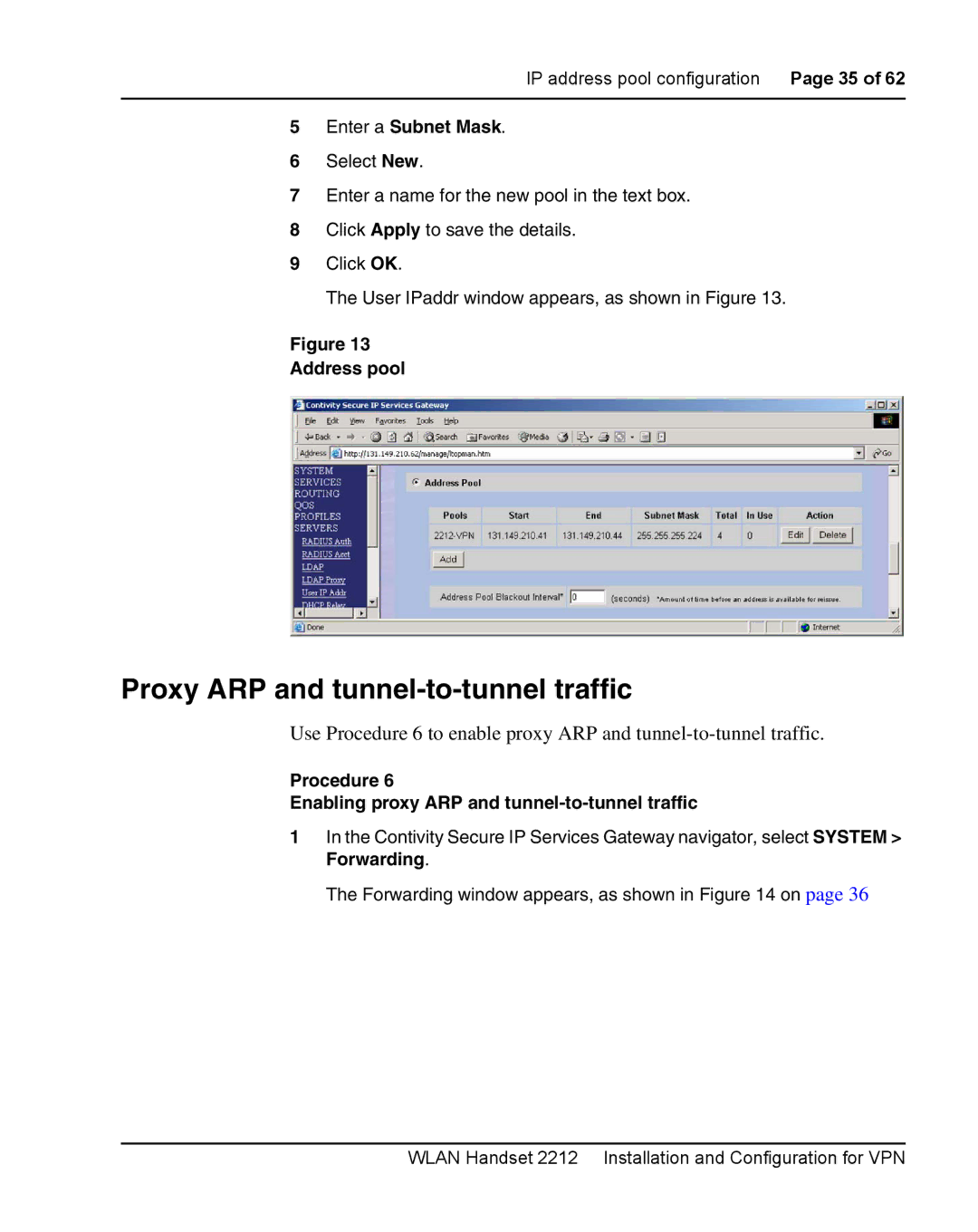 Nortel Networks 2212 manual Proxy ARP and tunnel-to-tunnel traffic, Enter a Subnet Mask, Address pool 