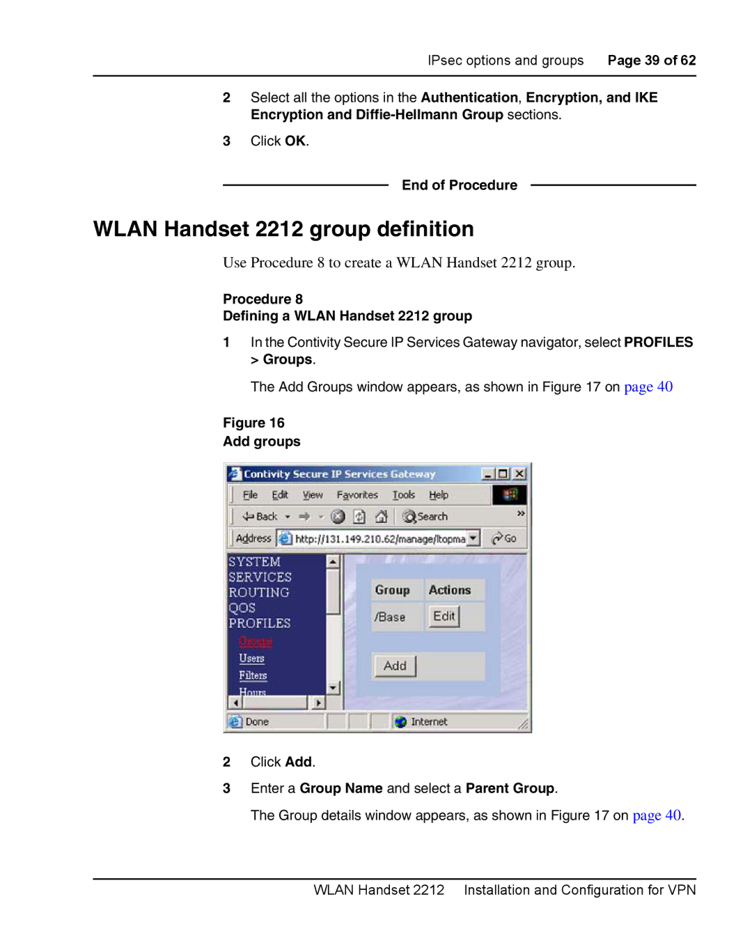 Nortel Networks Wlan Handset 2212 group definition, Use Procedure 8 to create a Wlan Handset 2212 group, Add groups 