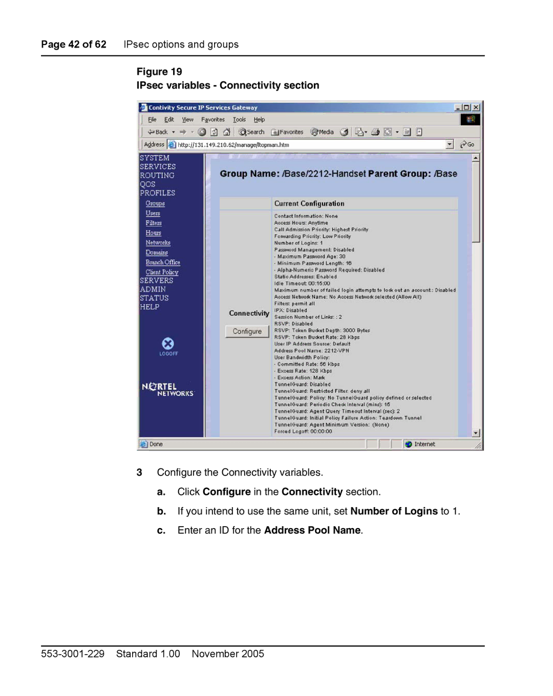 Nortel Networks 2212 manual IPsec variables Connectivity section, Click Configure in the Connectivity section 