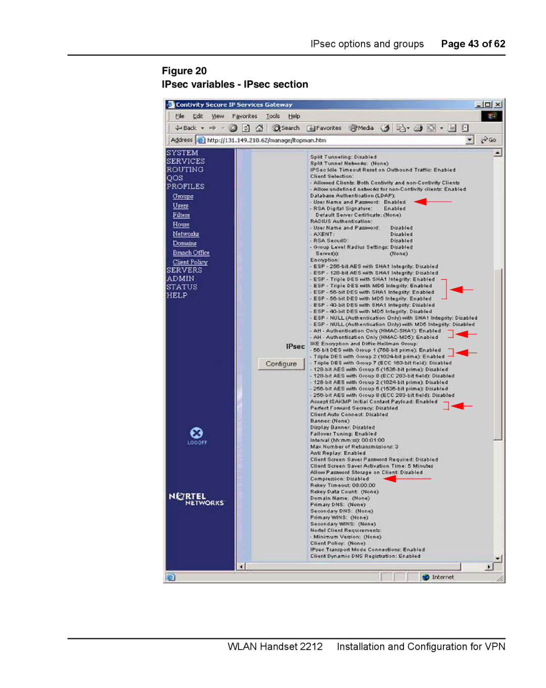 Nortel Networks 2212 manual IPsec variables IPsec section 