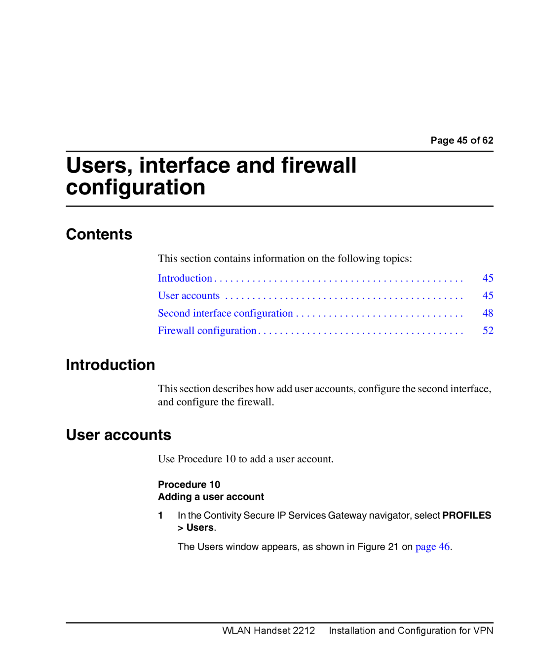 Nortel Networks 2212 Users, interface and firewall configuration, User accounts, Use Procedure 10 to add a user account 