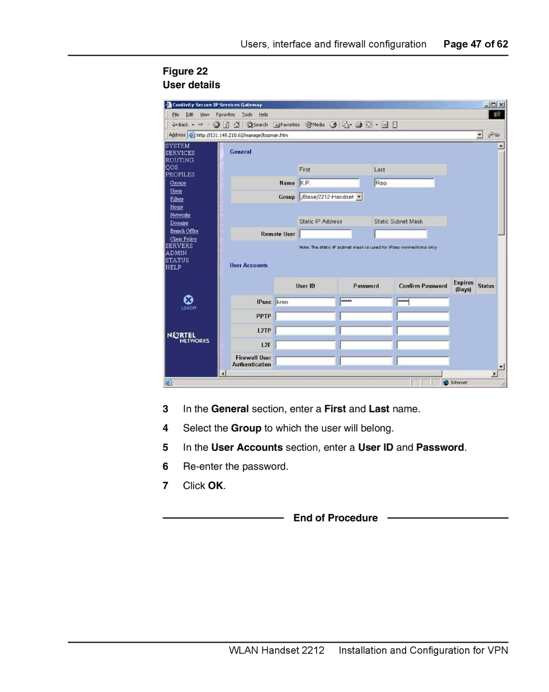 Nortel Networks 2212 manual User details, User Accounts section, enter a User ID and Password 