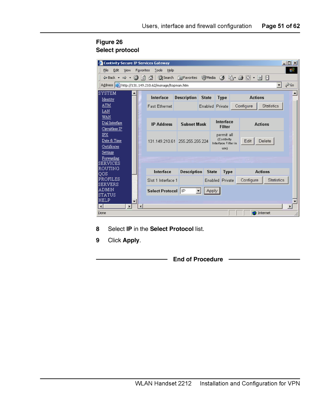 Nortel Networks 2212 manual Select protocol, End of Procedure 