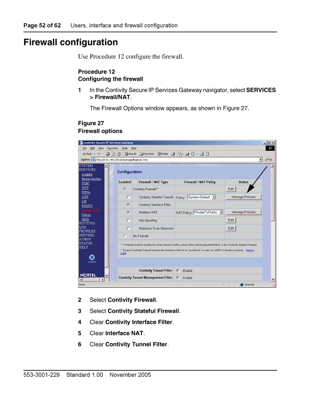 Nortel Networks 2212 Firewall configuration, Use Procedure 12 configure the firewall, Procedure Configuring the firewall 