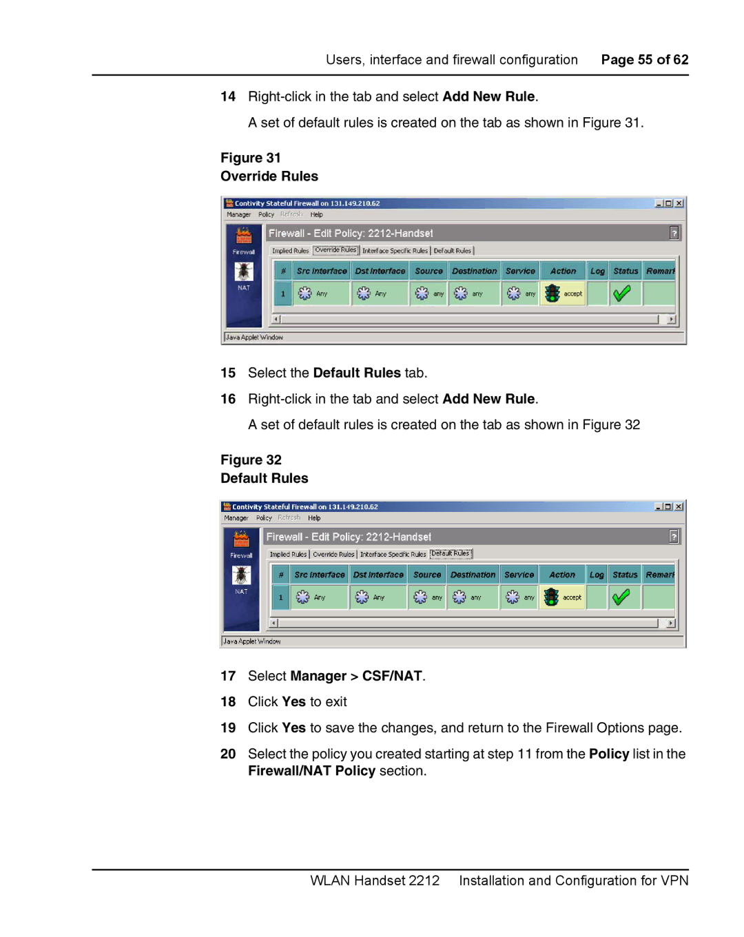 Nortel Networks 2212 manual Override Rules, Default Rules Select Manager CSF/NAT 