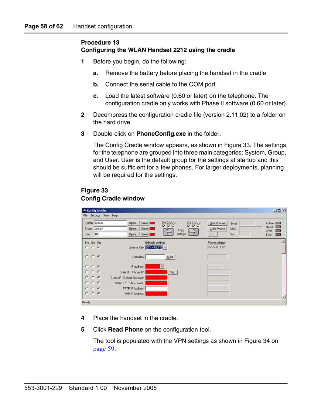 Nortel Networks manual Procedure Configuring the Wlan Handset 2212 using the cradle, Config Cradle window 