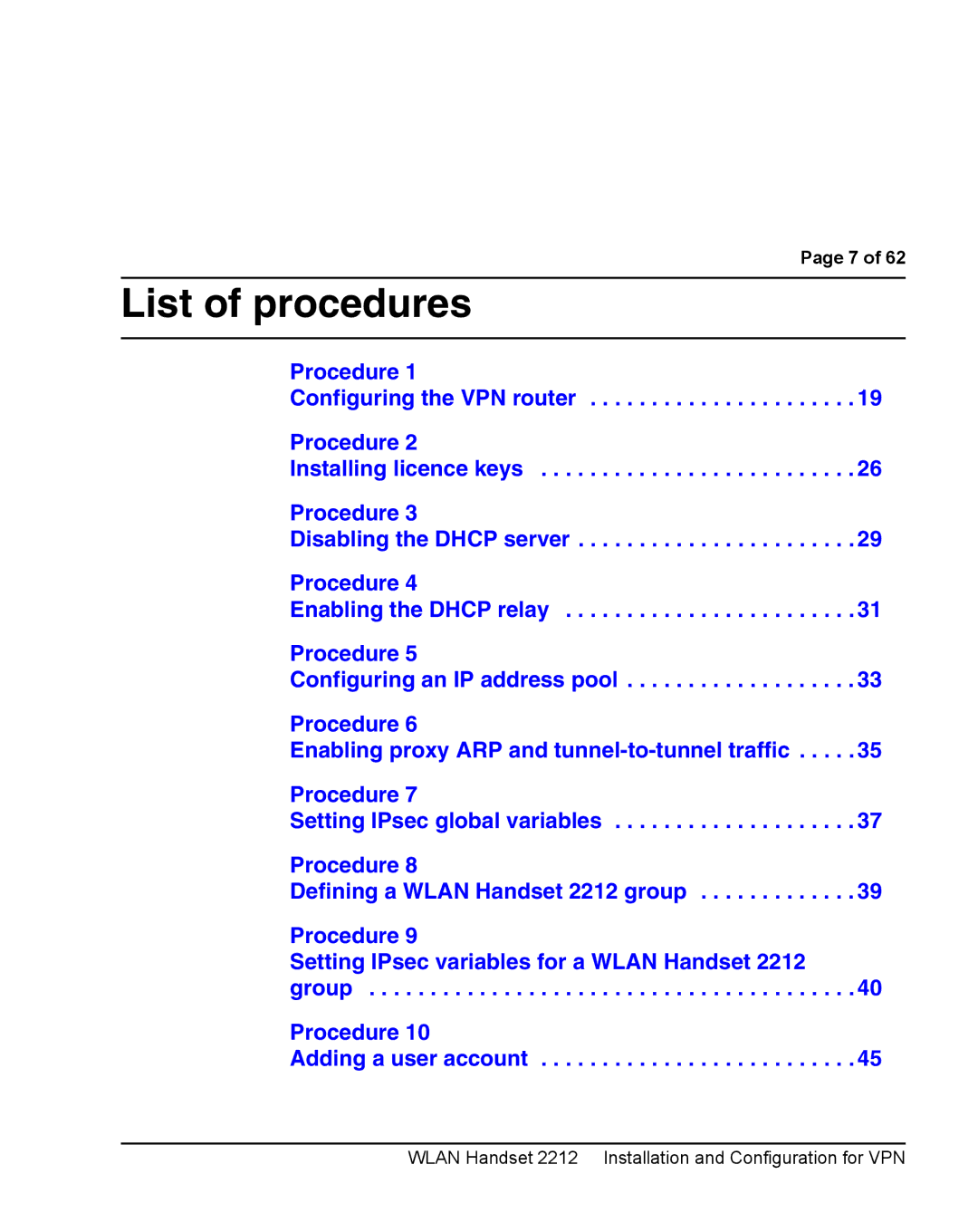 Nortel Networks 2212 manual List of procedures 