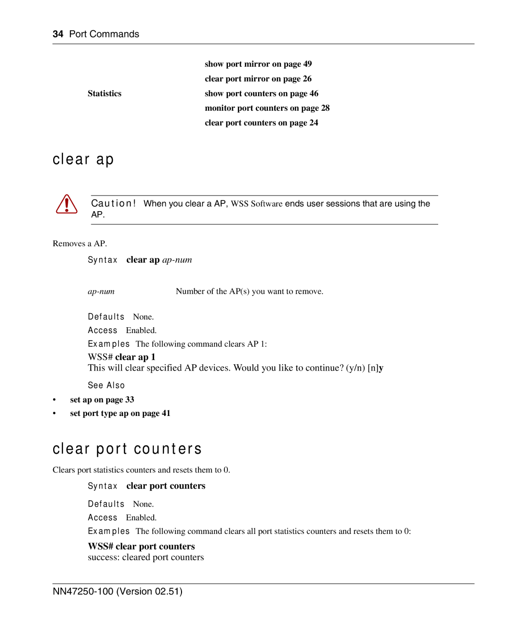 Nortel Networks 2300 Series manual Clear ap, Clear port counters 