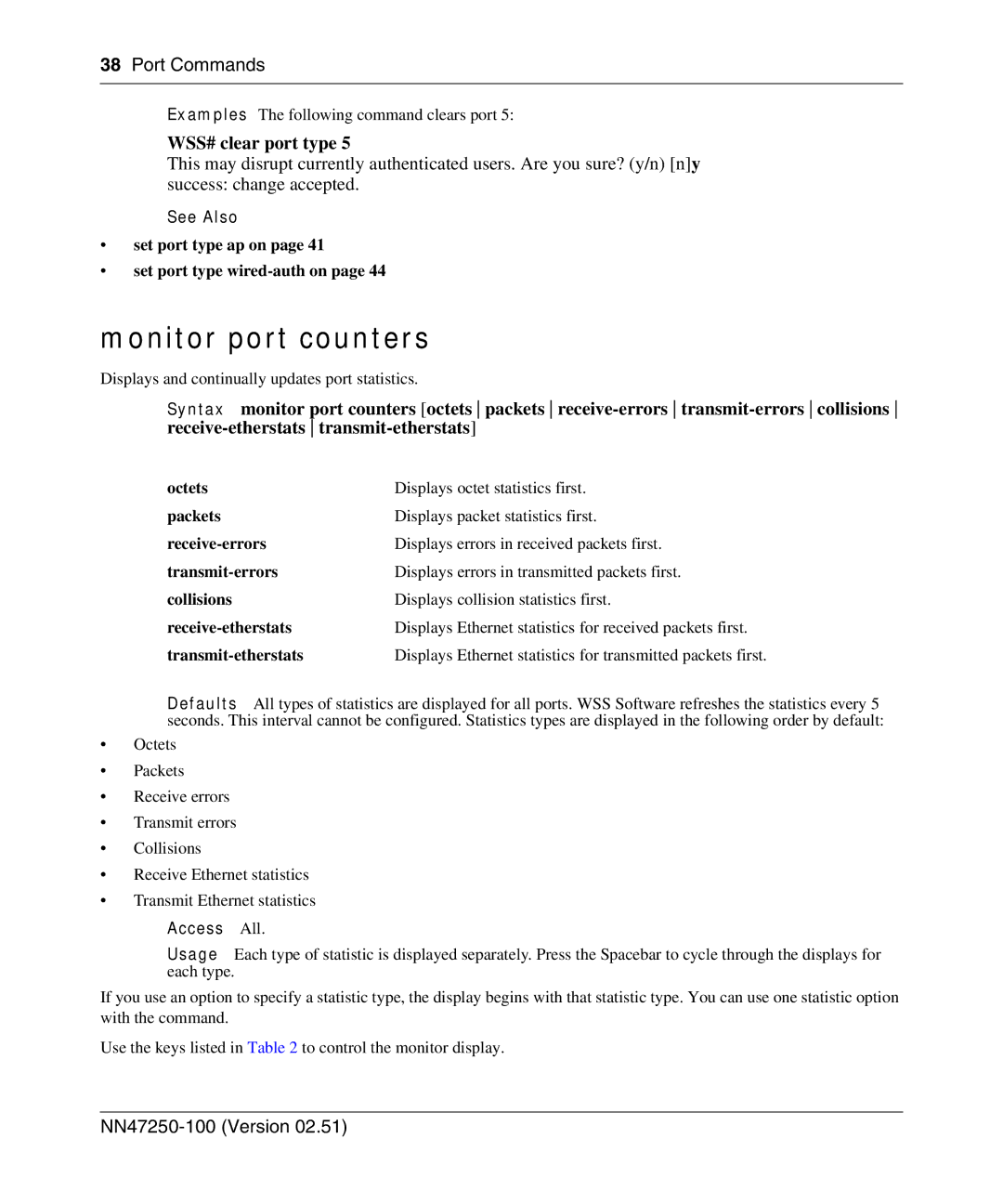 Nortel Networks 2300 Series Monitor port counters, WSS# clear port type, Set port type ap on Set port type wired-auth on 