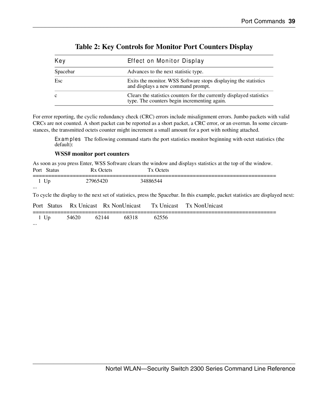 Nortel Networks 2300 Series manual Key Controls for Monitor Port Counters Display, WSS# monitor port counters 