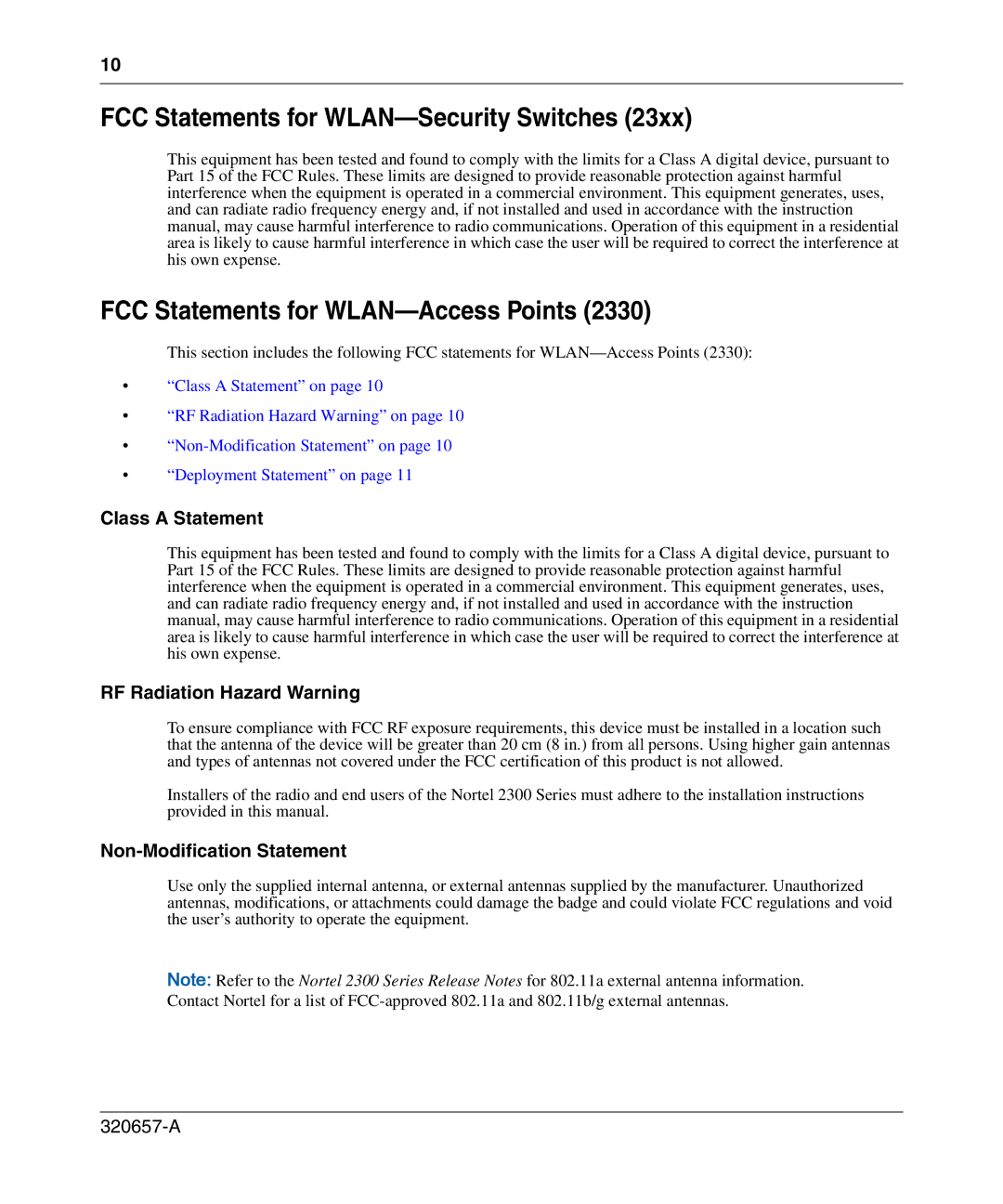 Nortel Networks 2300 manual Class a Statement RF Radiation Hazard Warning 