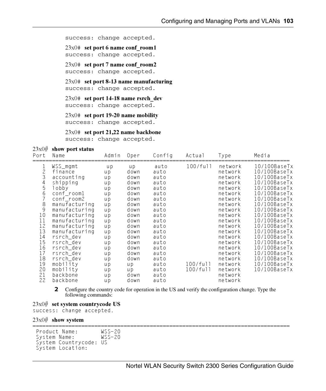 Nortel Networks 2300 23x0# set port 6 name confroom1, 23x0# set port 7 name confroom2, 23x0# set system countrycode US 