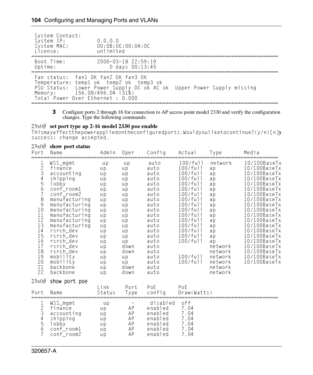 Nortel Networks 2300 manual 23x0# set port type ap 2-16 model 2330 poe enable, Mac 