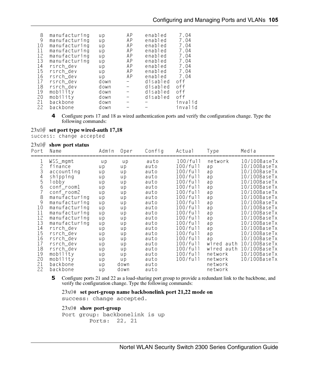 Nortel Networks 2300 manual 23x0# set port type wired-auth 17,18, Port group backbonelink is up Ports 22 