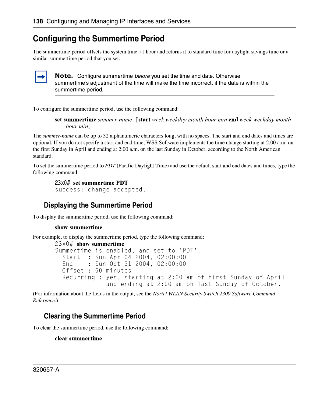 Nortel Networks 2300 Configuring the Summertime Period, Displaying the Summertime Period, Clearing the Summertime Period 