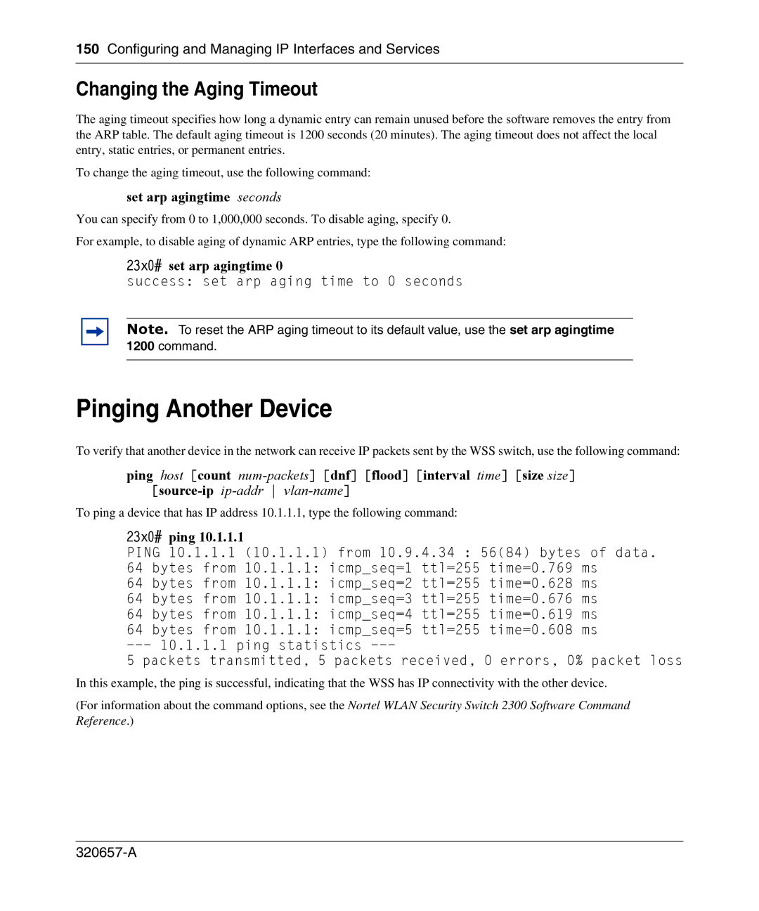 Nortel Networks 2300 manual Pinging Another Device, Changing the Aging Timeout, Set arp agingtime seconds, 23x0# ping 