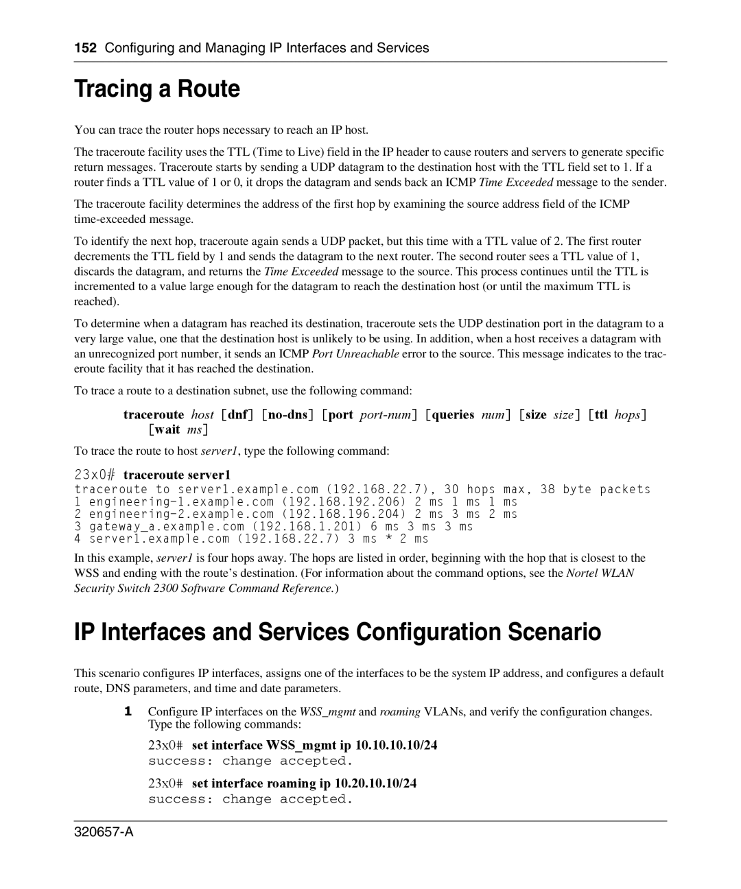 Nortel Networks 2300 manual Tracing a Route, IP Interfaces and Services Configuration Scenario, 23x0# traceroute server1 