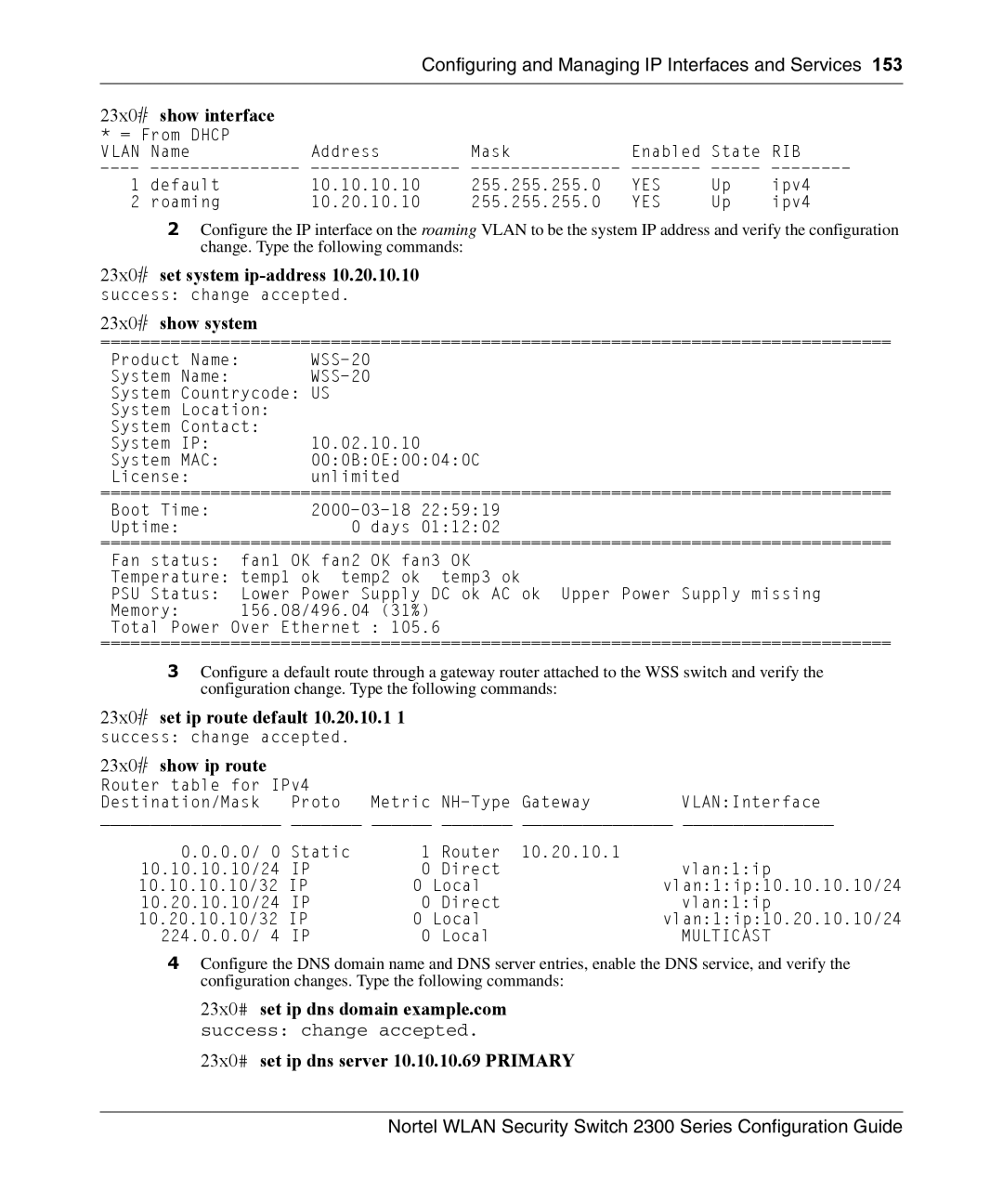 Nortel Networks 2300 manual 23x0# set system ip-address, 23x0# set ip route default 10.20.10.1 