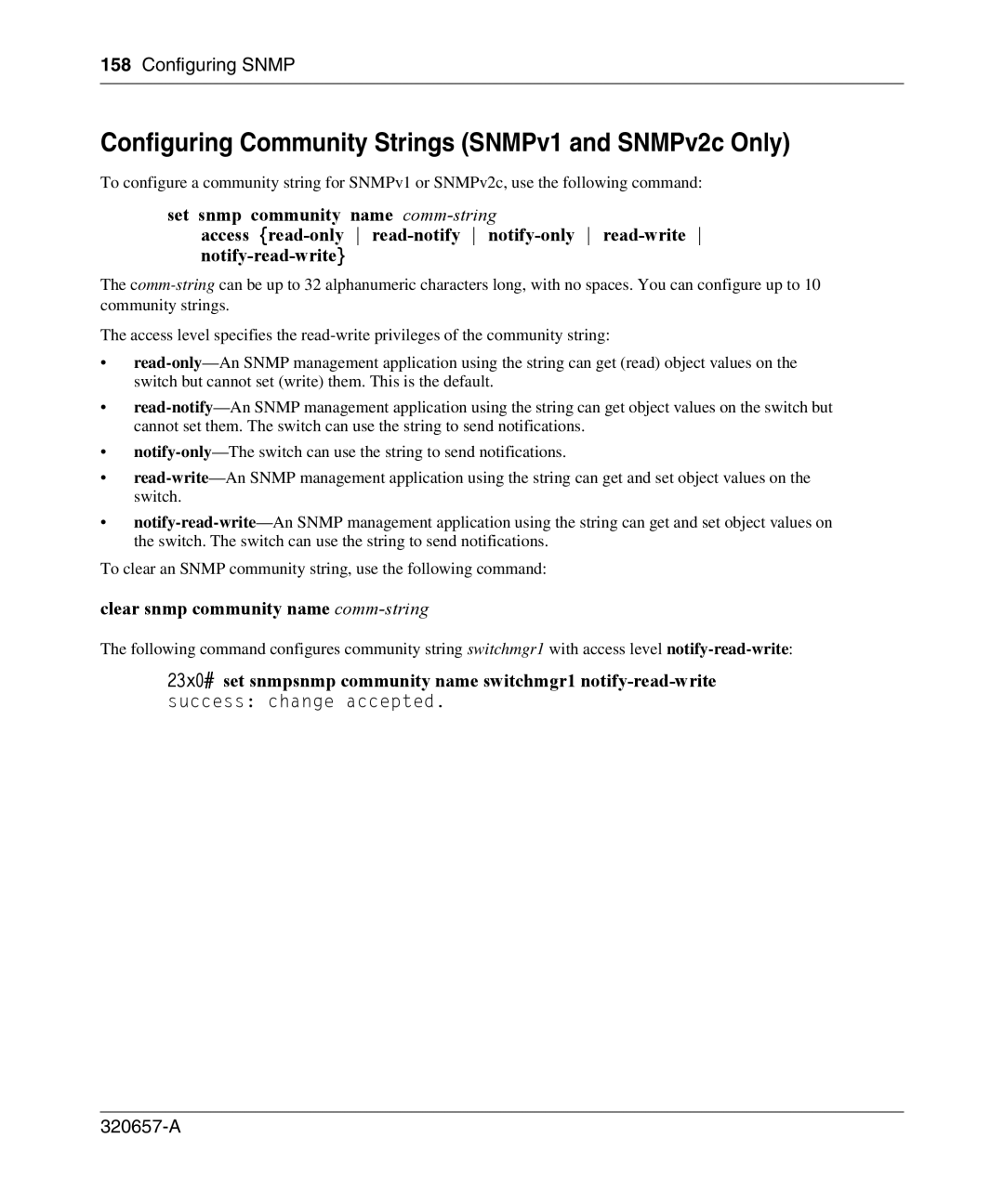 Nortel Networks 2300 manual Configuring Community Strings SNMPv1 and SNMPv2c Only, Clear snmp community name comm-string 