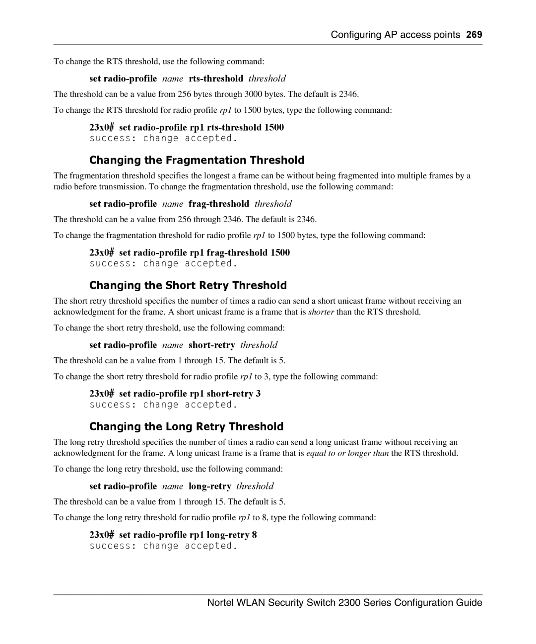 Nortel Networks 2300 manual Set radio-profile name rts-threshold threshold, 23x0# set radio-profile rp1 rts-threshold 