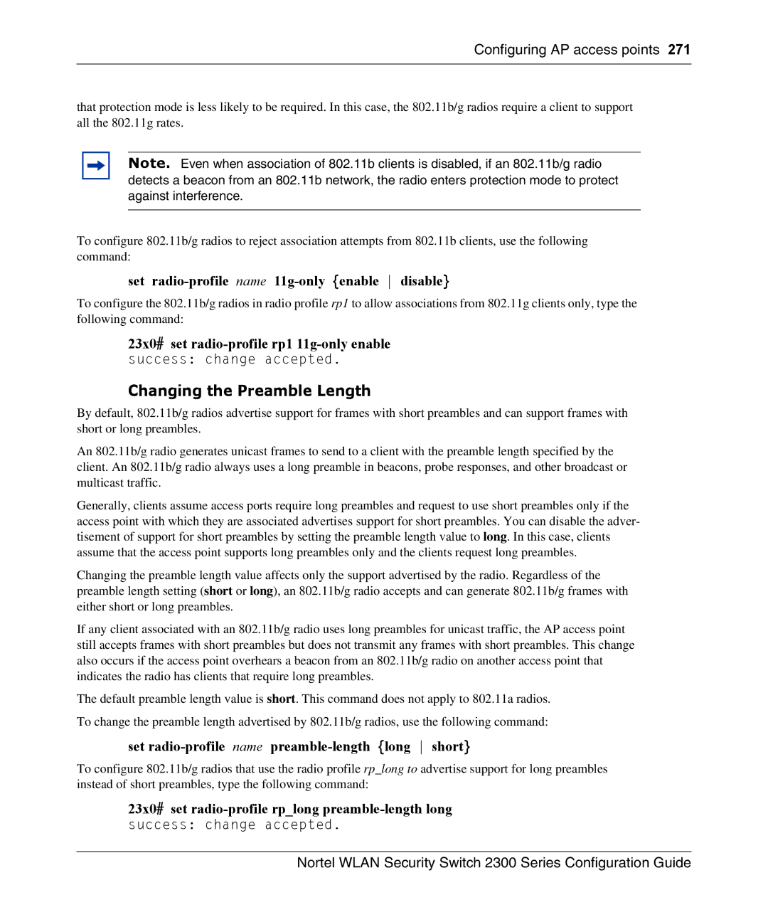 Nortel Networks 2300 manual Set radio-profile name 11g-only enable disable, 23x0# set radio-profile rp1 11g-only enable 