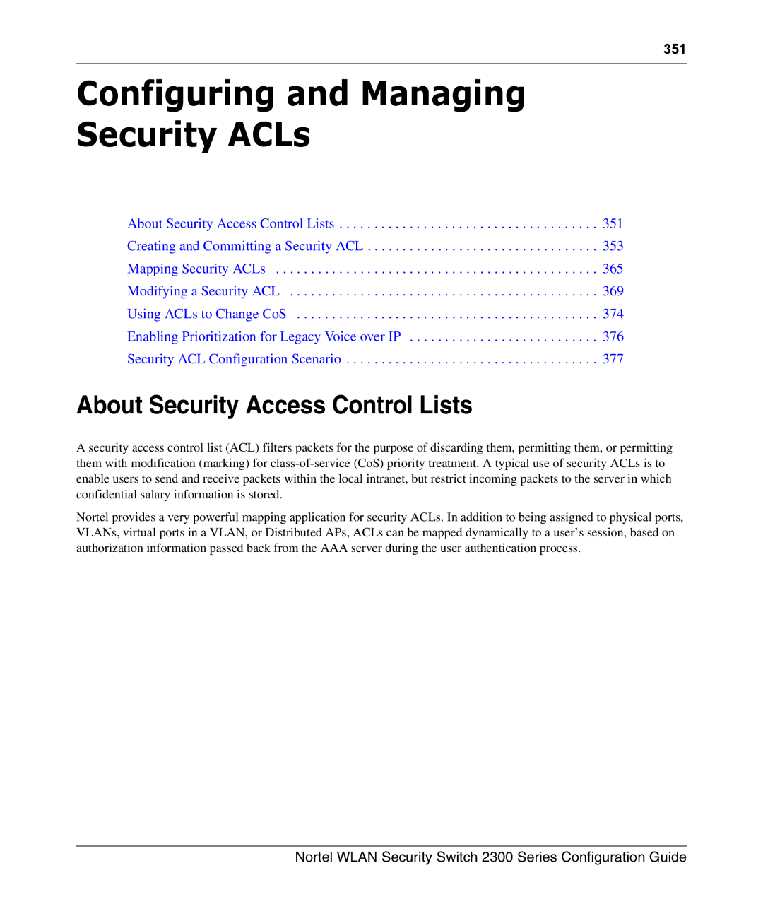 Nortel Networks 2300 manual Configuring and Managing Security ACLs, About Security Access Control Lists 