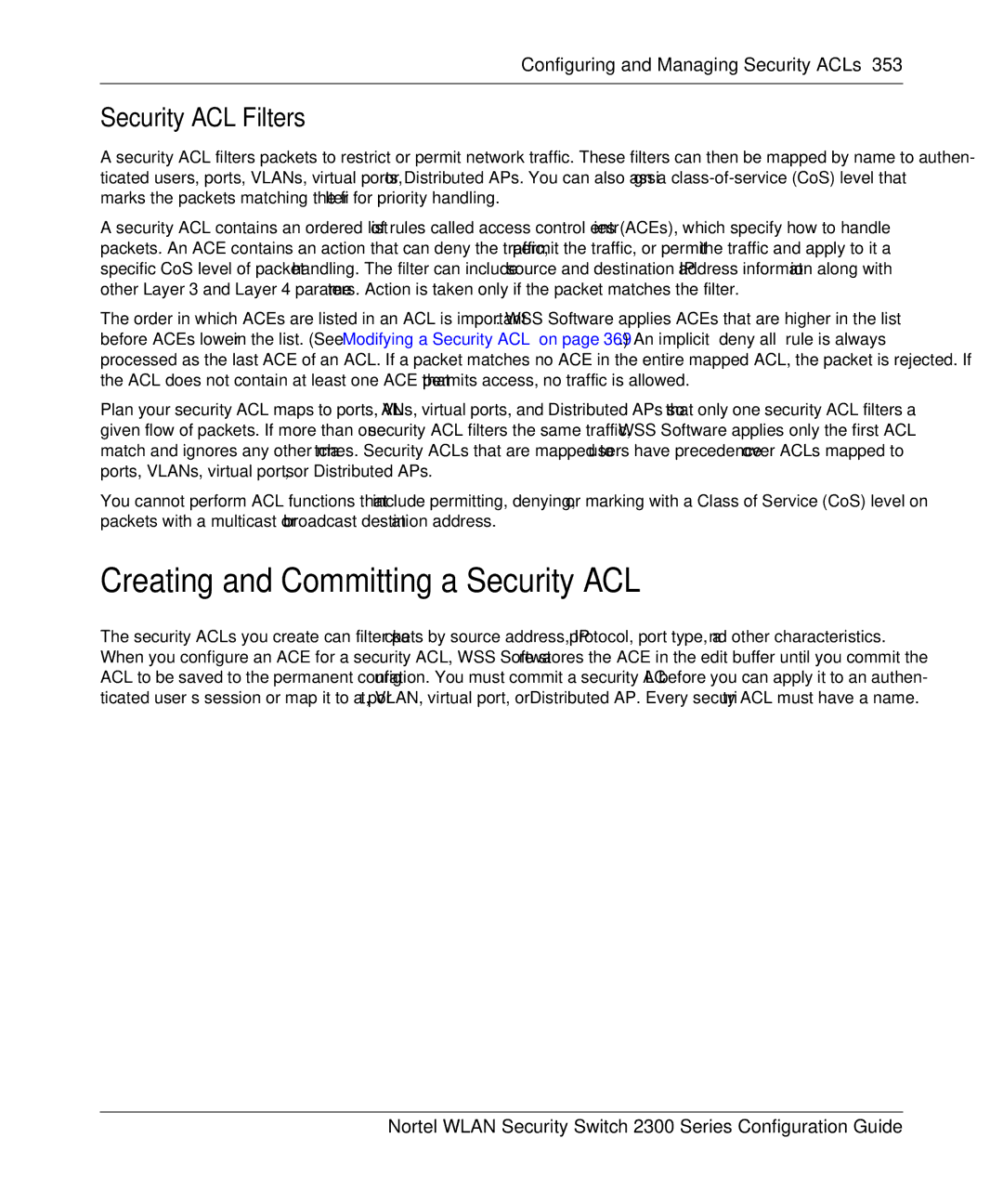 Nortel Networks 2300 manual Creating and Committing a Security ACL, Security ACL Filters 