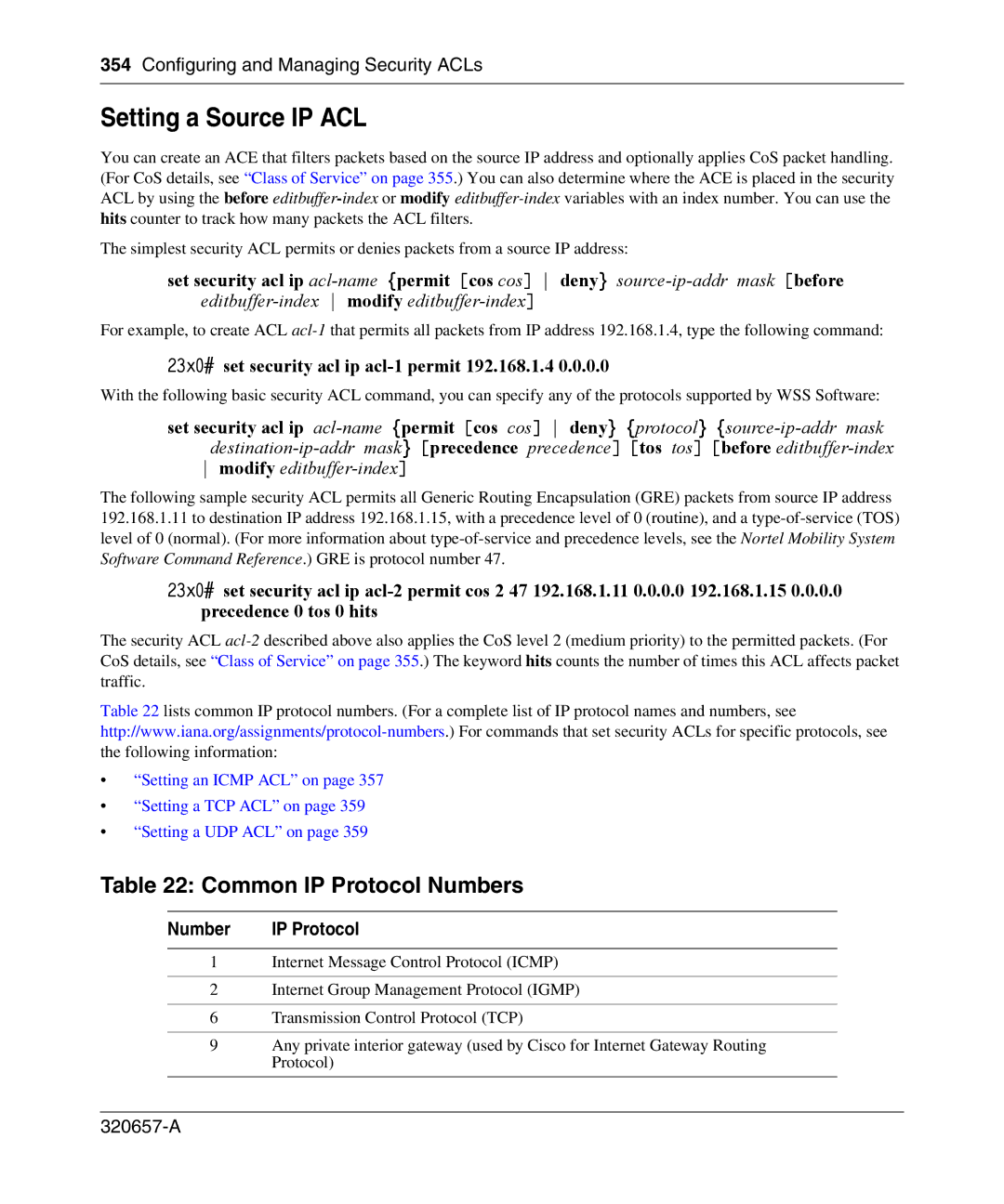 Nortel Networks 2300 manual Setting a Source IP ACL, Common IP Protocol Numbers 