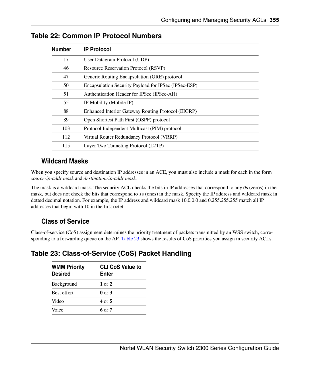 Nortel Networks 2300 manual Wildcard Masks, Class of Service, Class-of-Service CoS Packet Handling 