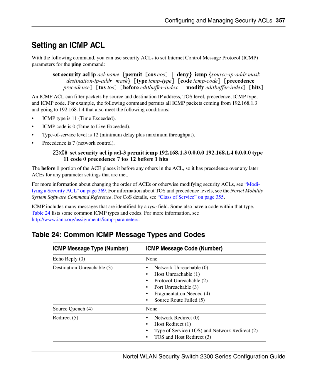 Nortel Networks 2300 manual Setting an Icmp ACL, Common Icmp Message Types and Codes 