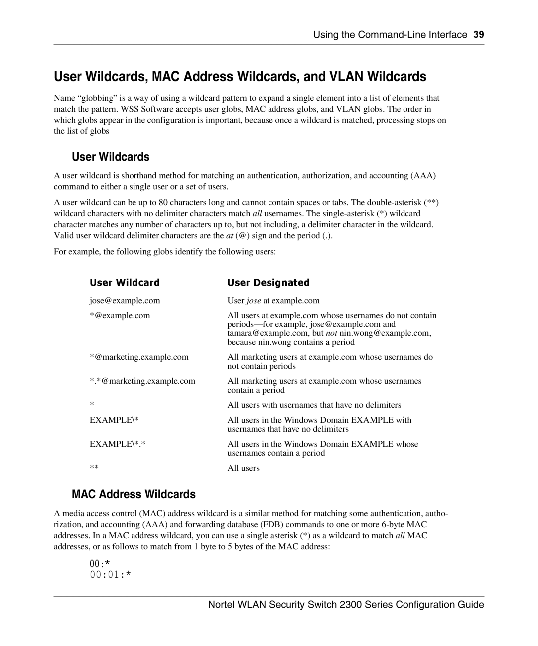 Nortel Networks 2300 manual User Wildcards, MAC Address Wildcards, and Vlan Wildcards, 0001 