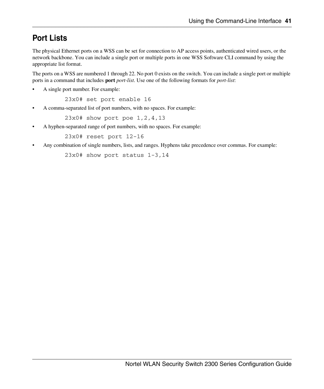 Nortel Networks 2300 manual Port Lists, 23x0# set port enable, 23x0# show port poe 1,2,4,13, 23x0# reset port 