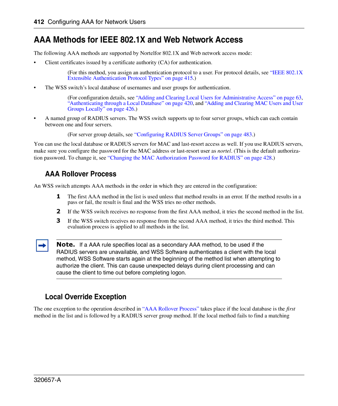 Nortel Networks 2300 AAA Methods for Ieee 802.1X and Web Network Access, AAA Rollover Process, Local Override Exception 