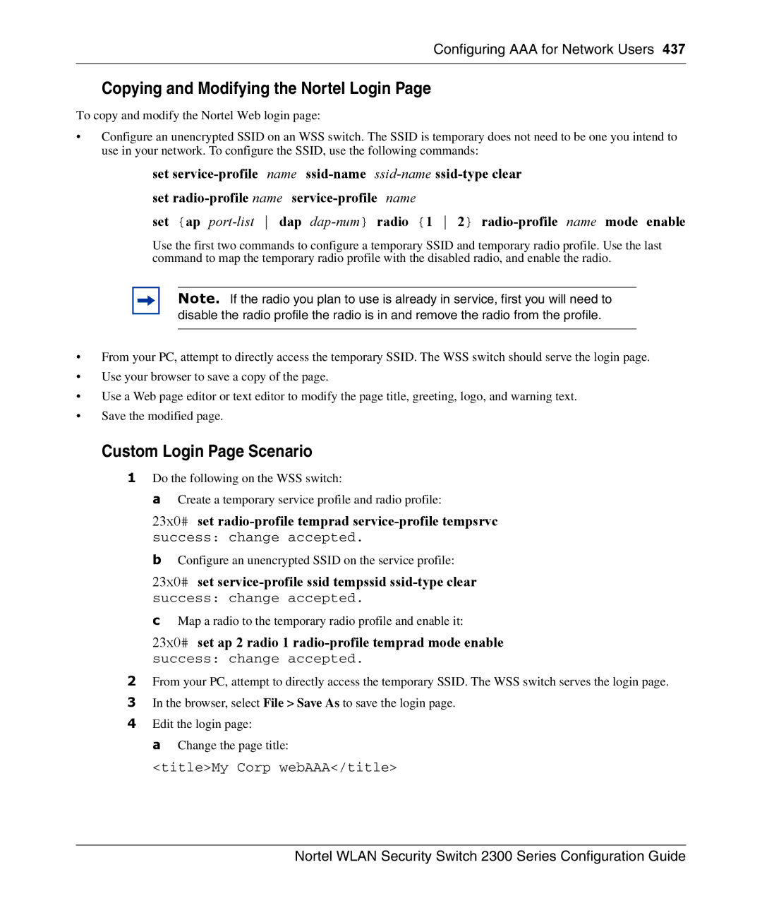 Nortel Networks 2300 manual Copying and Modifying the Nortel Login, Custom Login Page Scenario, TitleMy Corp webAAA/title 